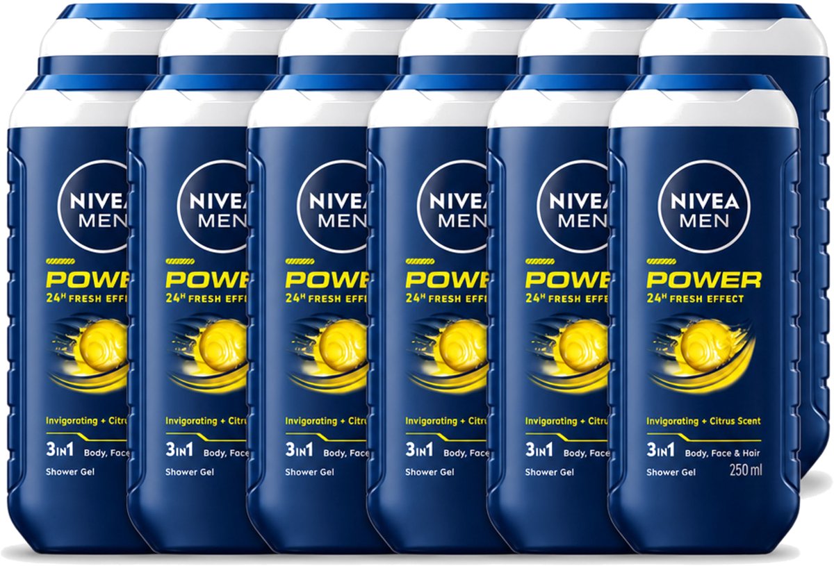 12 x Nivea - Men - Douchegel - Power Refresh - 250 ml - Voordeelverpakking - 12 stuks