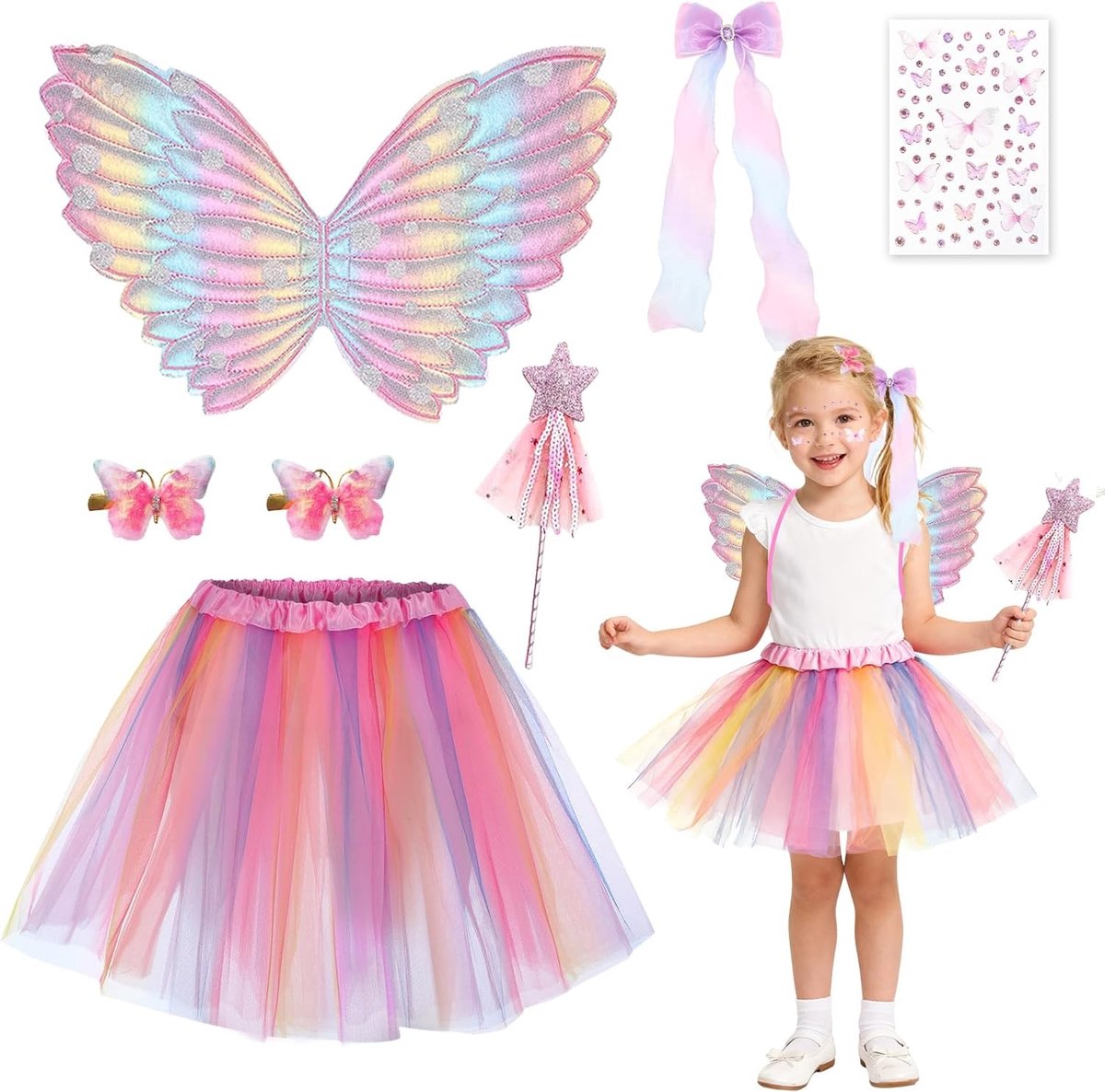 7-delig Feestkostuum voor Meisjes met Vlinder Vleugels, Ballet Tutu, Toverstaf en Haarspeld, Perfect voor Verkleedpartijen en Fantasie Spelletjes