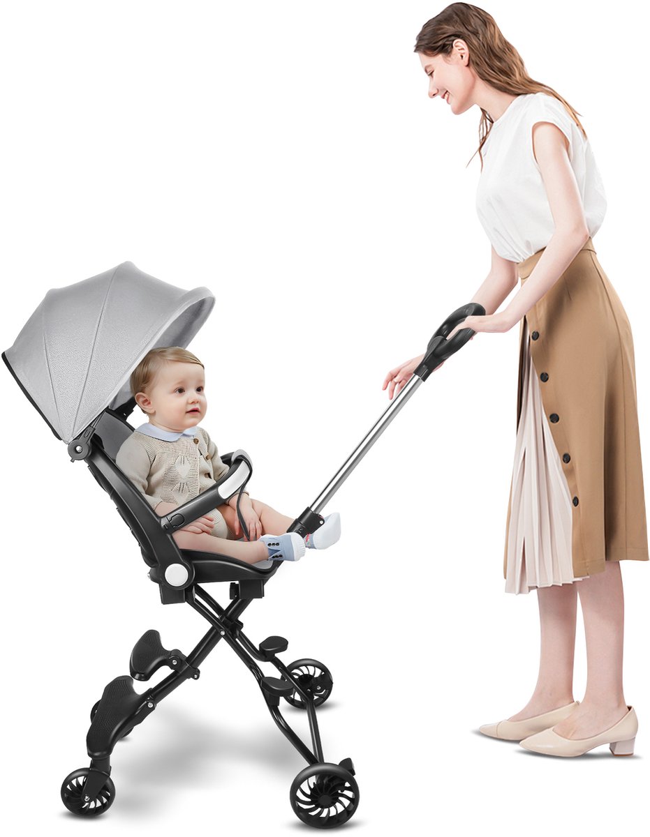 PIPIPOXER Buggy - Stand Buggy - Kinderwagen 3 in 1 - Paraplu Buggy - Reiswagen - Lichte 6 kg en Duurzame Kinderwagen - Verstelbare duwstang en voetensteun - zonwering -Grijs