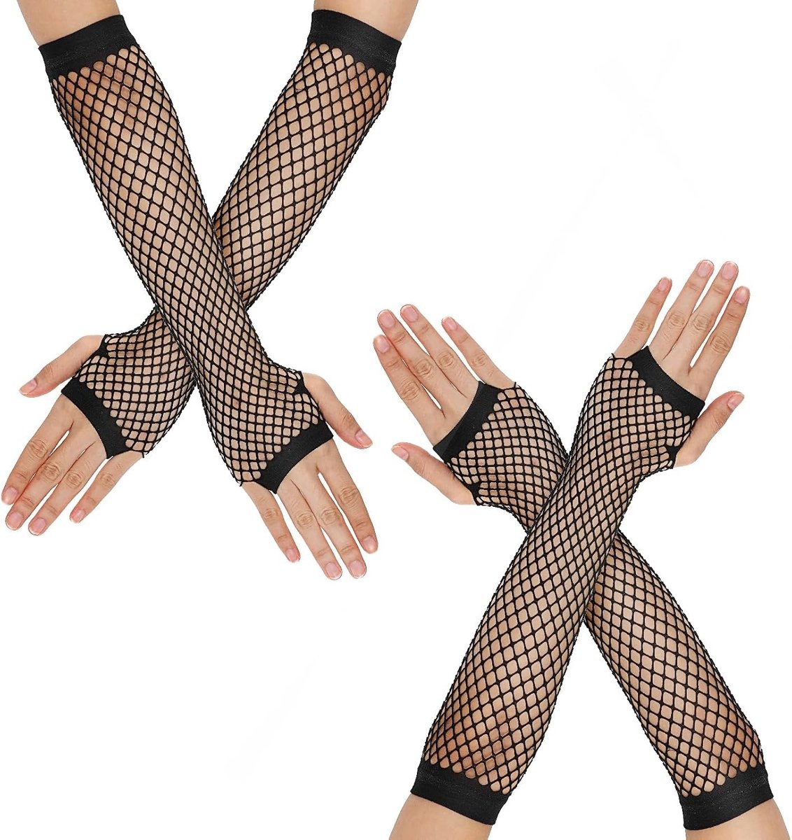 2 Paar Lange Vingerloze Net Handschoenen in Neonroze, Retro 80s Armwarmers voor Feest en Kostuumaccessoires