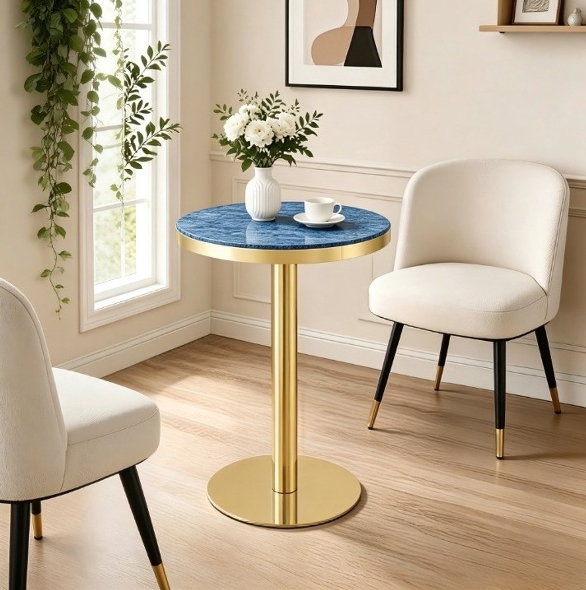MODFU Ronde Bijzettafel - Marmerlook - Modern - MDF En Metaal - Blauw - Ø60 Cm