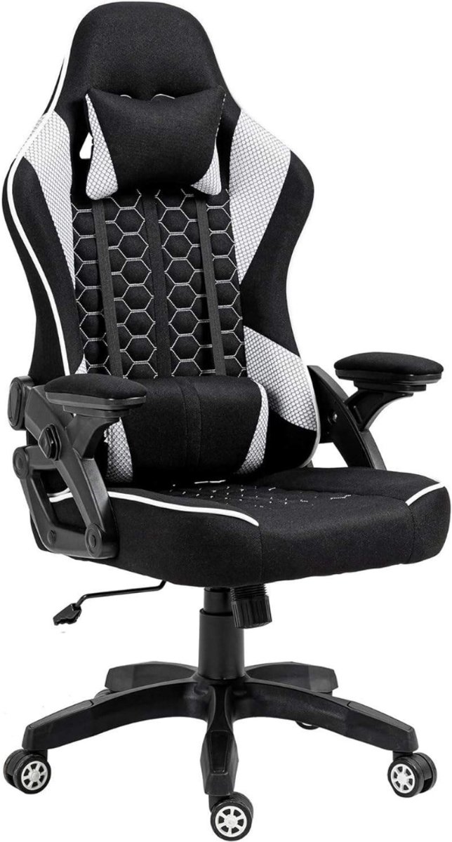 Kavo Gamingstoel - Laadcapaciteit tot 130 kg - Gamingstoel - Gamingstoel met Lendensteunkussen - Zwart en Wit - 52cm x 59cm x 126cm