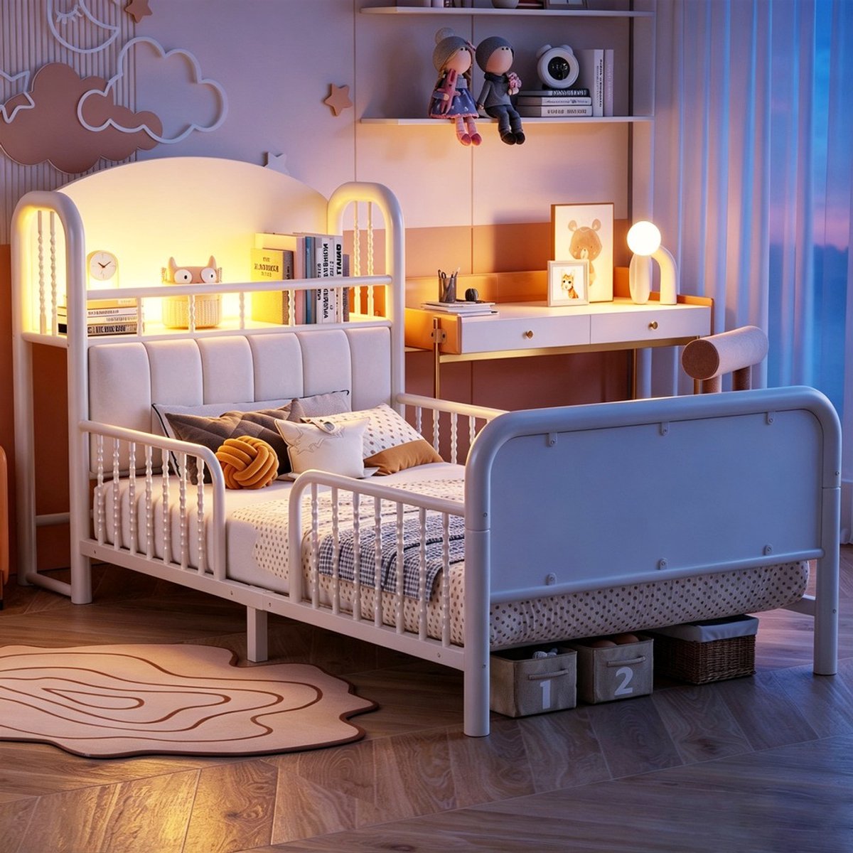 KOMHTOM Metalen kinderbed 90 x 200 cm, eenpersoonsbedframe met doorlopend veiligheidshek, gestoffeerd hoofdeinde met opbergvak, LED-lichtstrip, moderne slaapkamermeubels, wit