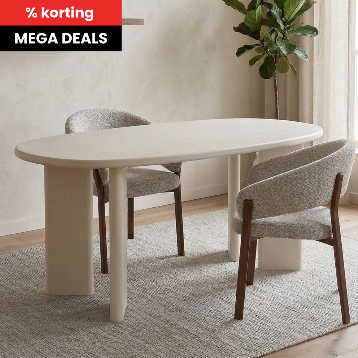 Eettafel Organisch Savannah Mircocement Paneelpoot 210 cm Wit Mahom Industrieel - Dinertafel van Mangohout & Metaal - Industriële Eettafel