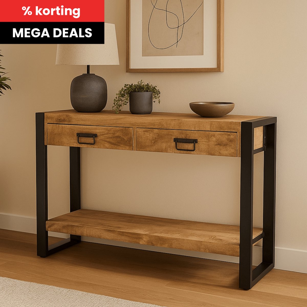 Mangohouten Sidetable Britt 2 lades Mahom Industrieel - Kleine tafel van Mangohout & Metaal - Industriële Huiskamertafel