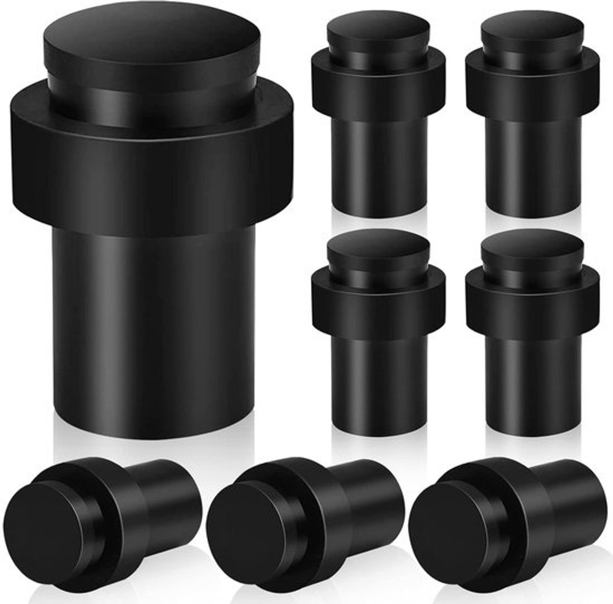 Zwarte Deurstoppers - Set van 8 - Harde Rubber Bumper - Vloormontering - Roestvrijstaal