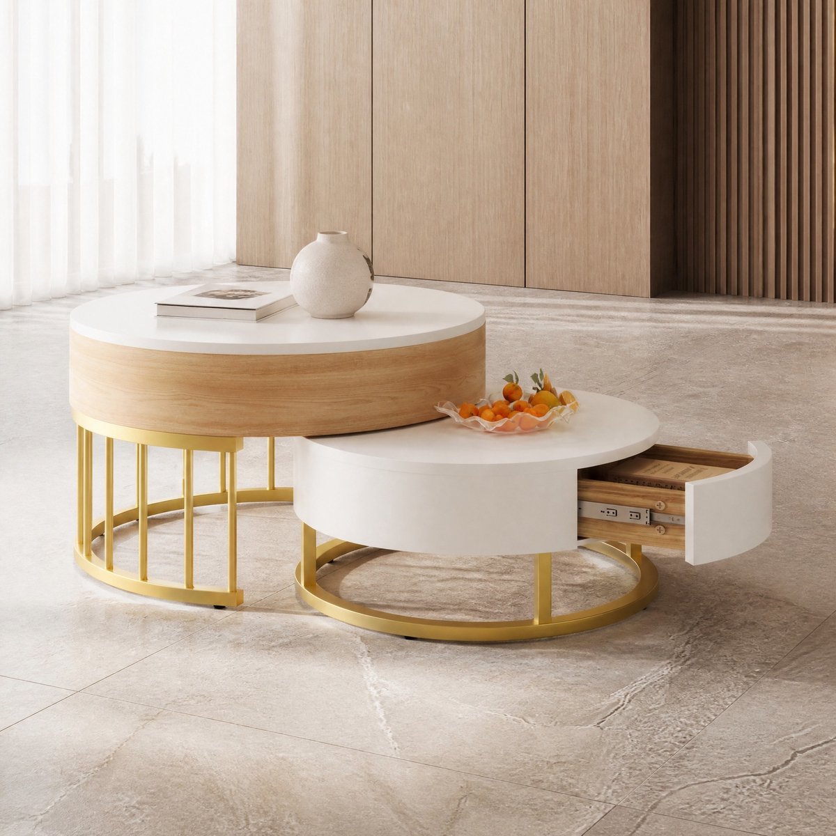 MEUNIQ Ronde salontafel set van 2 met verstelbaar tafelblad, lade en opbergruimte, MDF en goudkleurig metalen onderstel voor woonkamer, wit met houtlook