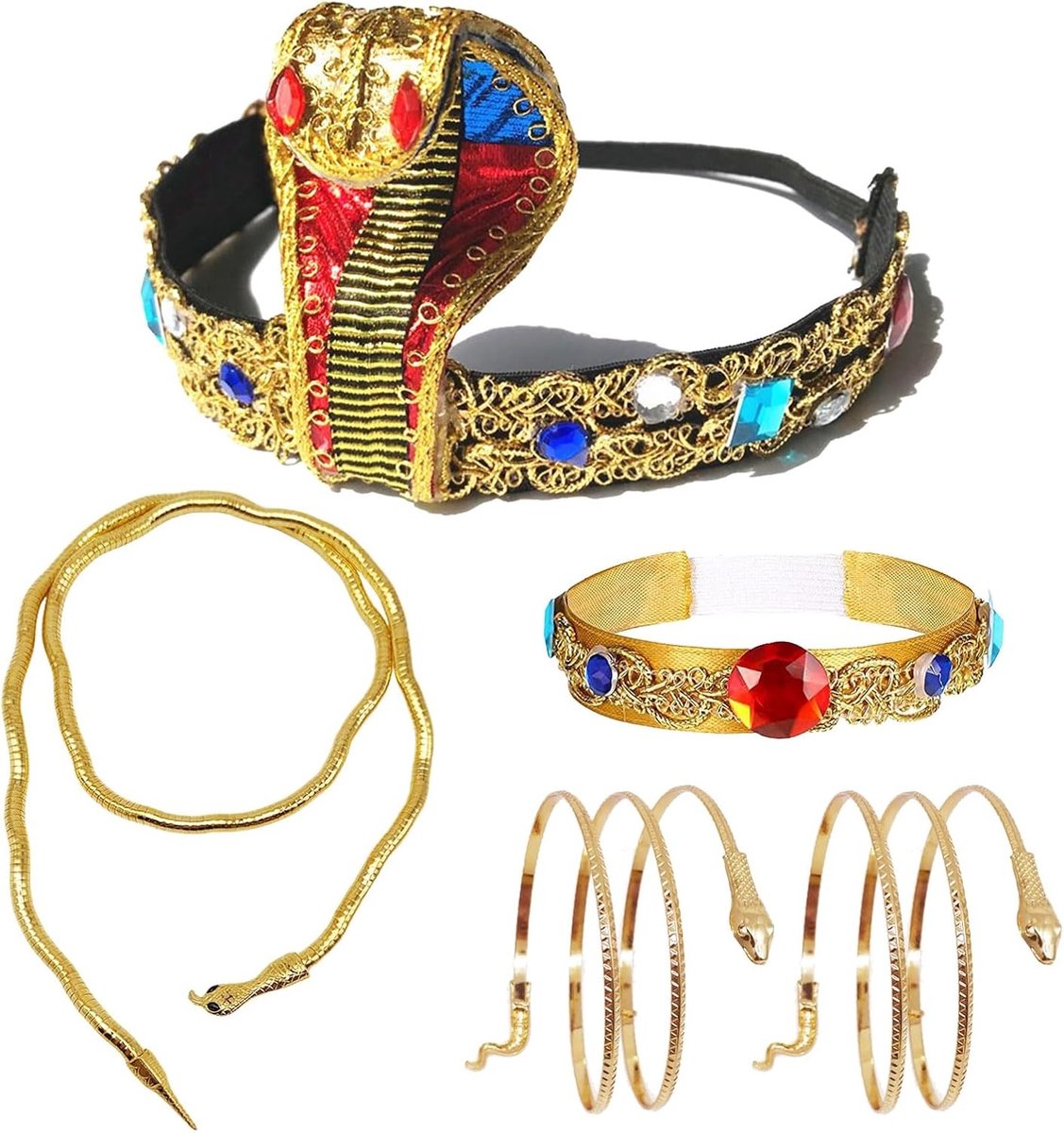 Set van 5 Egyptische Kostuumaccessoires voor Vrouwen, inclusief Farao Hoofdband, Sieraden en Slangarmband voor Halloween, Carnaval en Feestjes