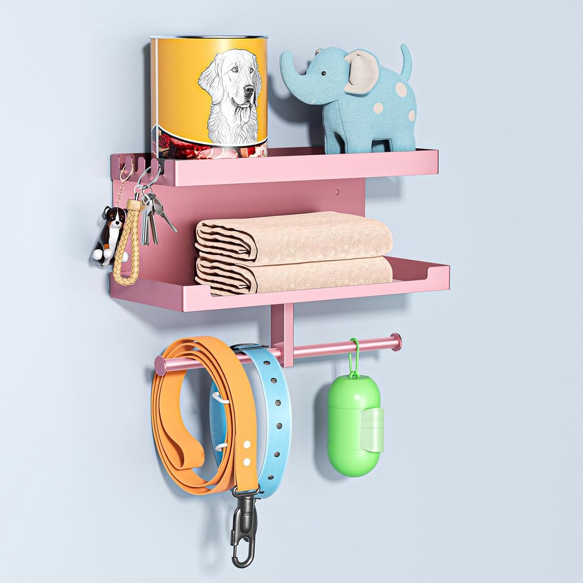 Hondengarderobe met plank, houder voor hondenriem, zwarte wandhouder voor hondenriem, metalen hondengarderobe sleutelplank, voor hondenriem, trainingslekkernijen, kauwspeelgoed, sleutels (roségoud)