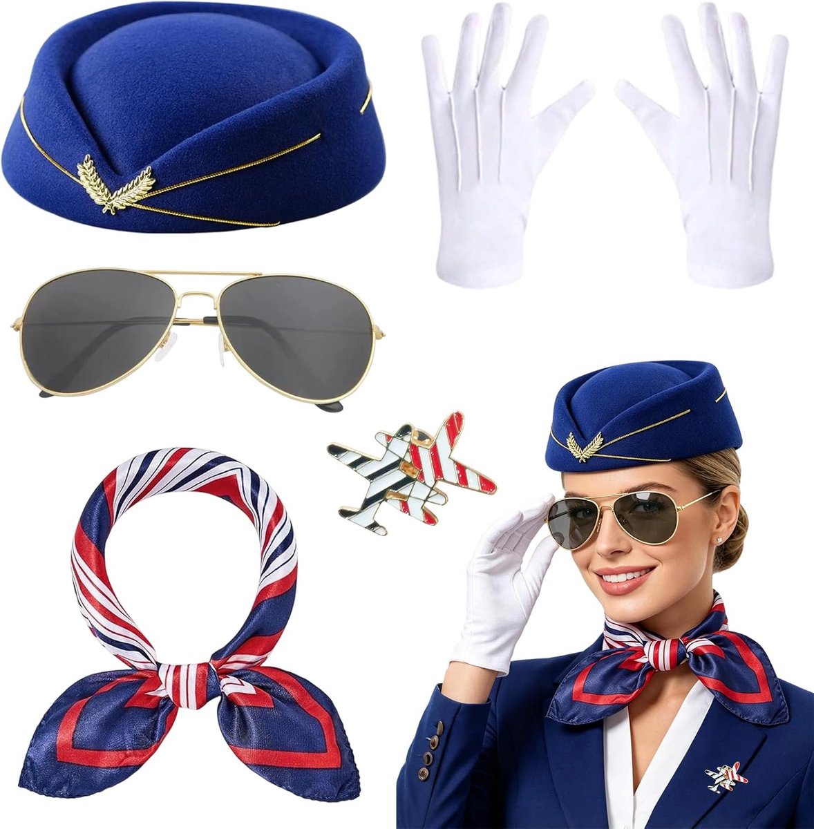 Set van 5 hostess kostuumaccessoires, met hoed, sjaal, broche, zonnebril, handschoenen, blauw en wit, voor vrouwen, Halloween, kostuums, cosplay, carnaval