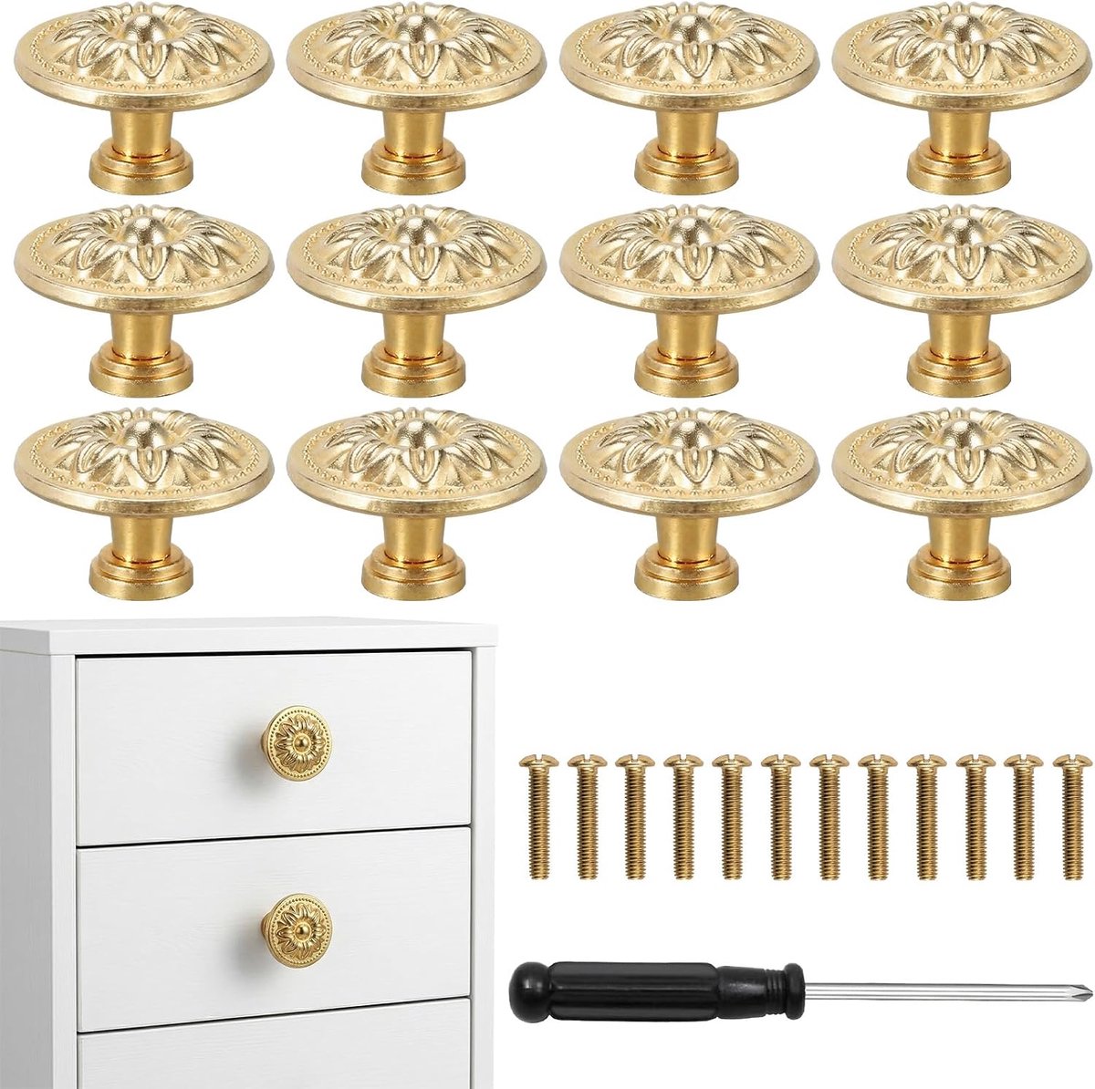 12 stuks kastknoppen, meubelknoppen, vintage, 30 mm, rond, met schroeven en schroevendraaier, retro meubelgrepen voor kasten, commodes, laden (goud)