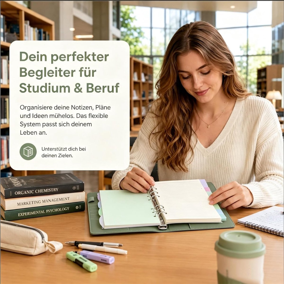 A5-ringband, navulbaar, A5-map met 6 ringen en 135 vellen navulpapier, PU-leer, ringband inclusief bindvakken, A5-notitieboek voor schoolnotities, planner en reisdagboek, theegroen