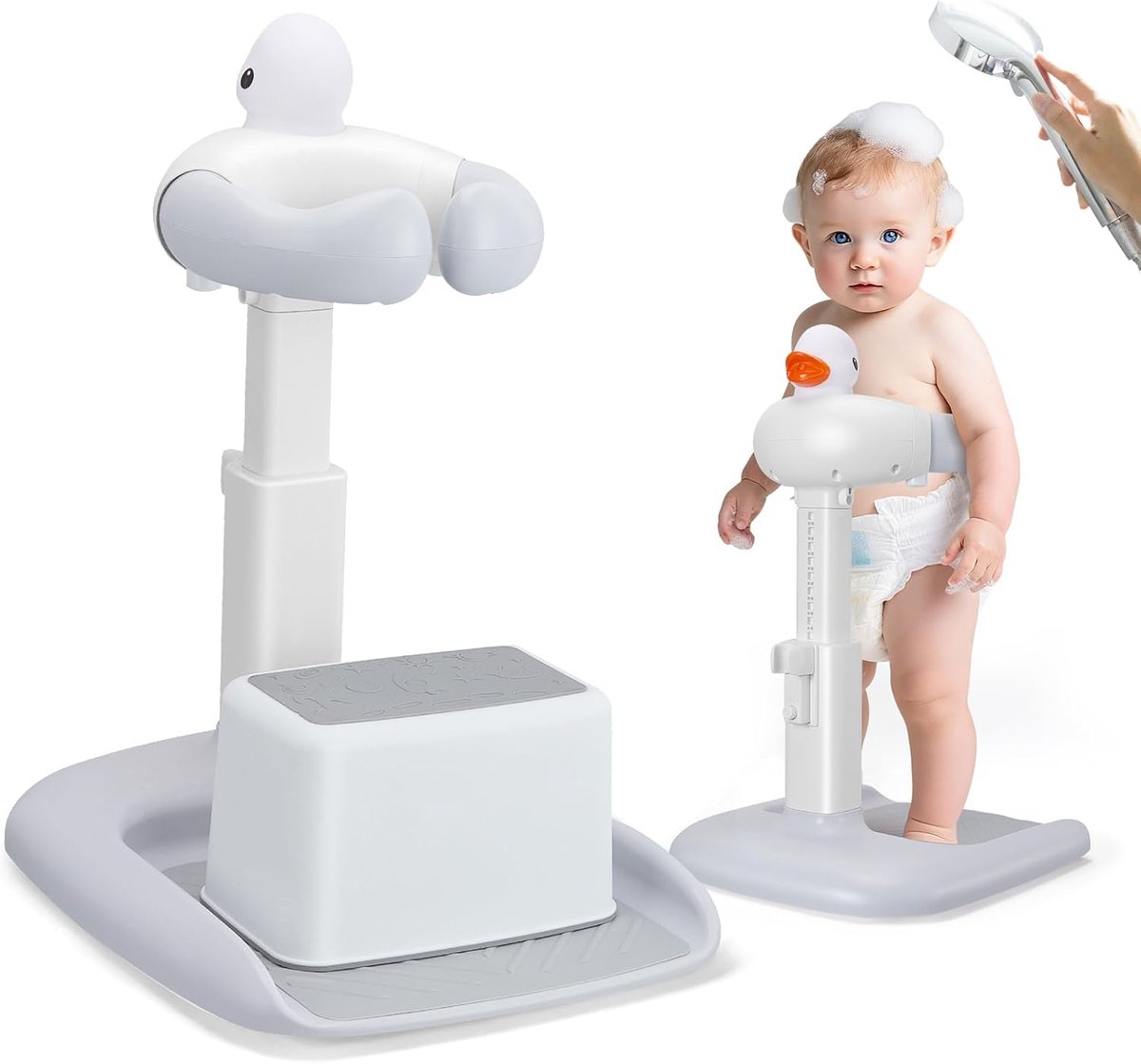 Babybad met douchehouder, klemvrije houder, verstelbare douchetoren om de baby te helpen rechtop te staan, ideaal als babydouchehouder en babycadeau