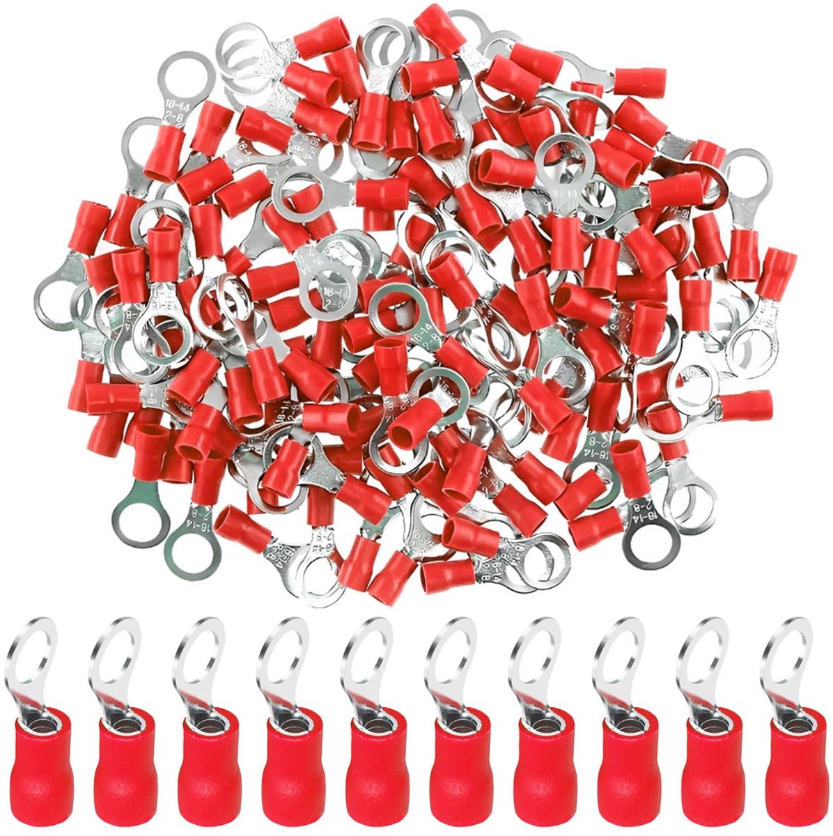 100 stuks ringkabelschoenen van koper, M12, elektrische connector, oogje, ring 13 mm, elektrische kabelschoenen, geïsoleerde klemmen, krimpkabel 0,5-1,5 mm², 22-16 AWG, rood
