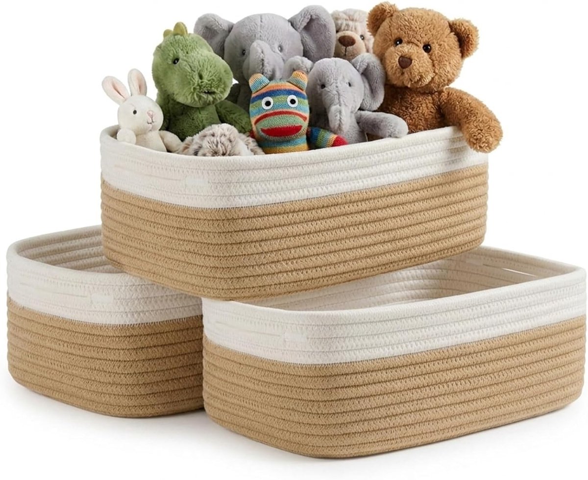 3 stuks, geweven opbergmand, plankmanden van gevlochten katoenen touw met handgrepen, gevlochten mand voor kinderkamer, badkamer, bergruimte, 30 x 20 x 11 cm, wit + bruin