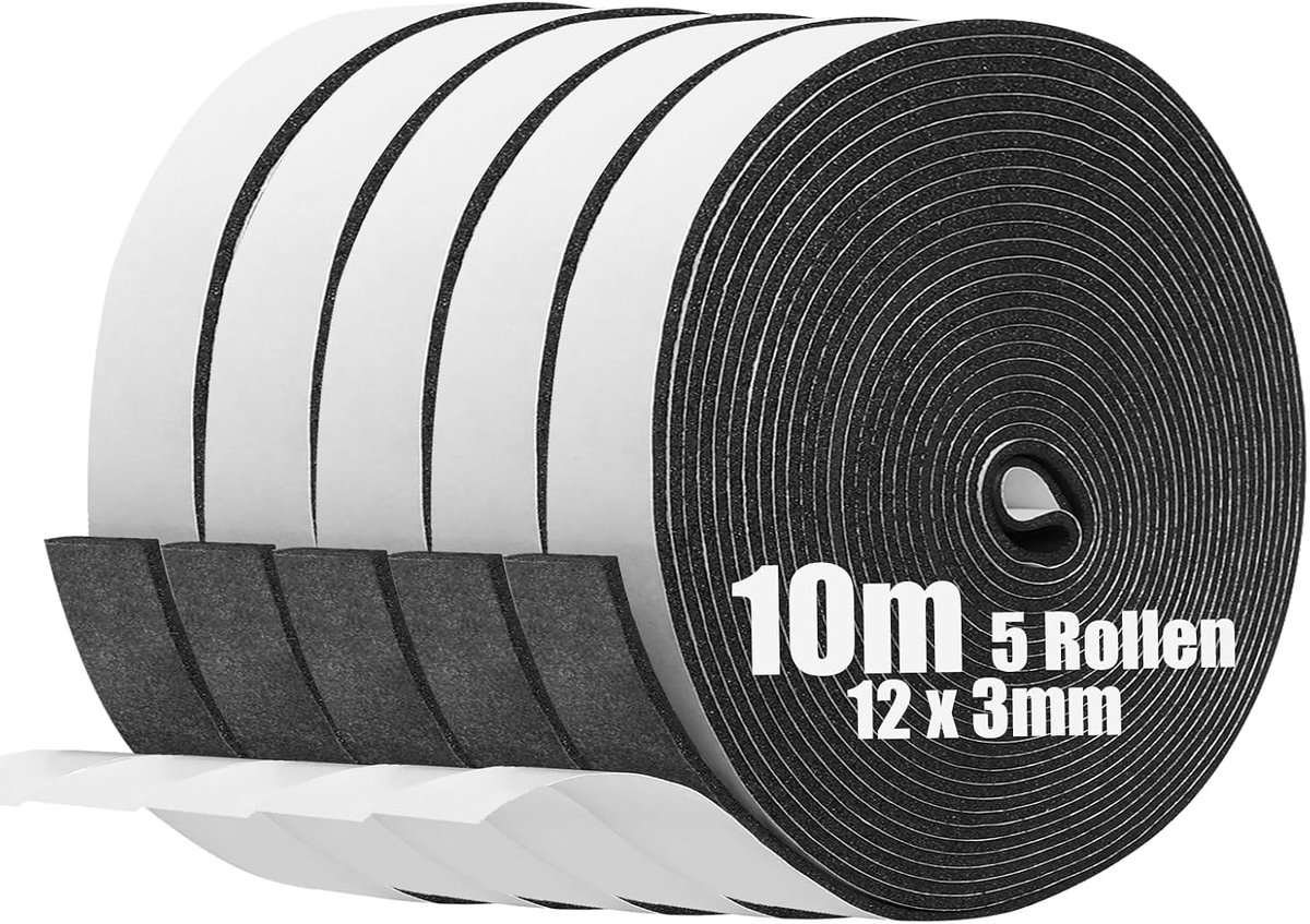 Zelfklevende Schuimstrip 12 mm (B) X 3 mm (D) X 10 m (L) Weerstripping Deurdichtingsstrip, Trekstopper voor Ramen en Deuren, Anti-Collision, Weerbestendig, Geluidsisolatie voor