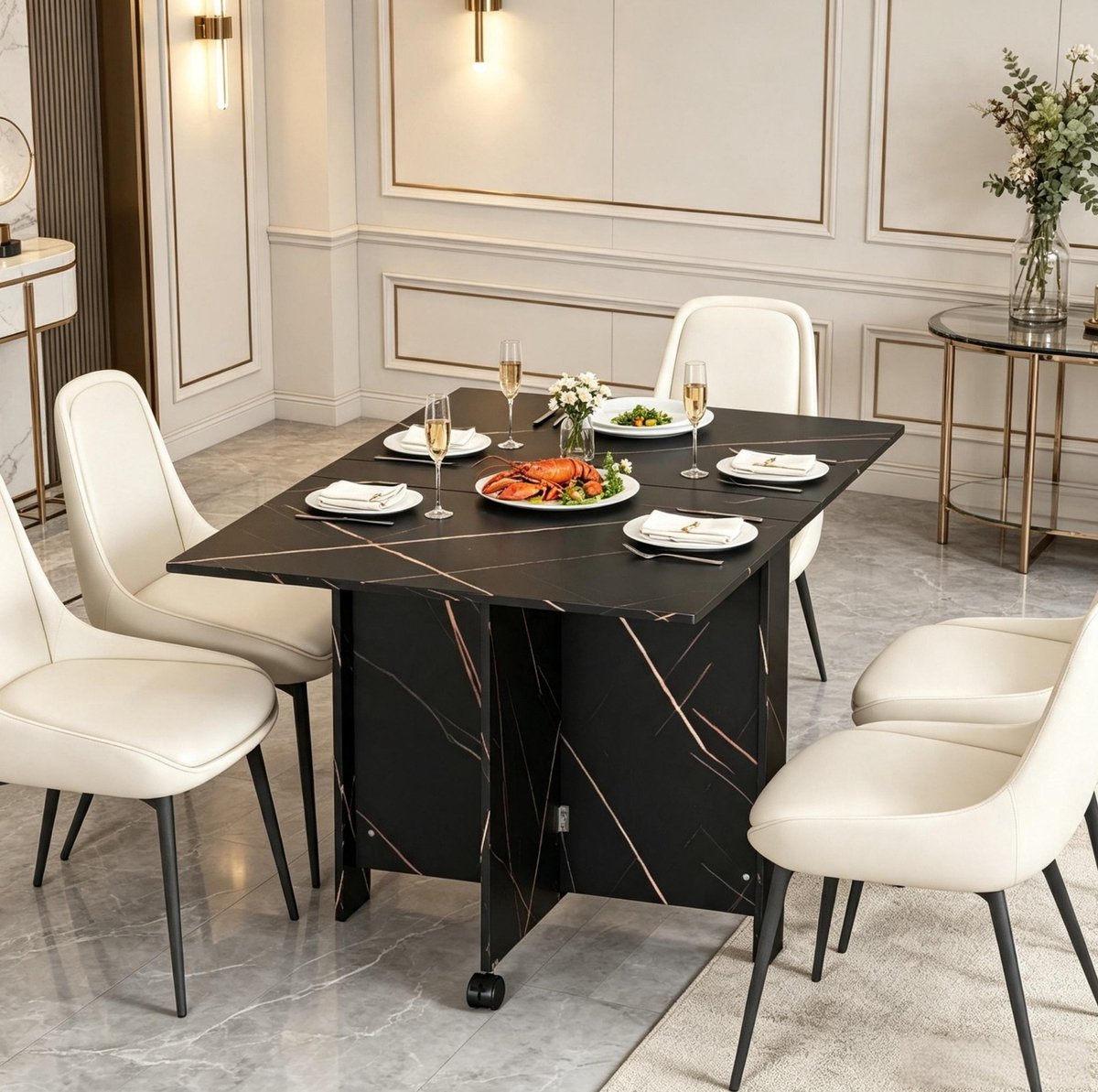 MODFU Opklapbare Eettafel - Uitschuifbaar Met Wielen - Zwart - 120 X 80 X 73 Cm