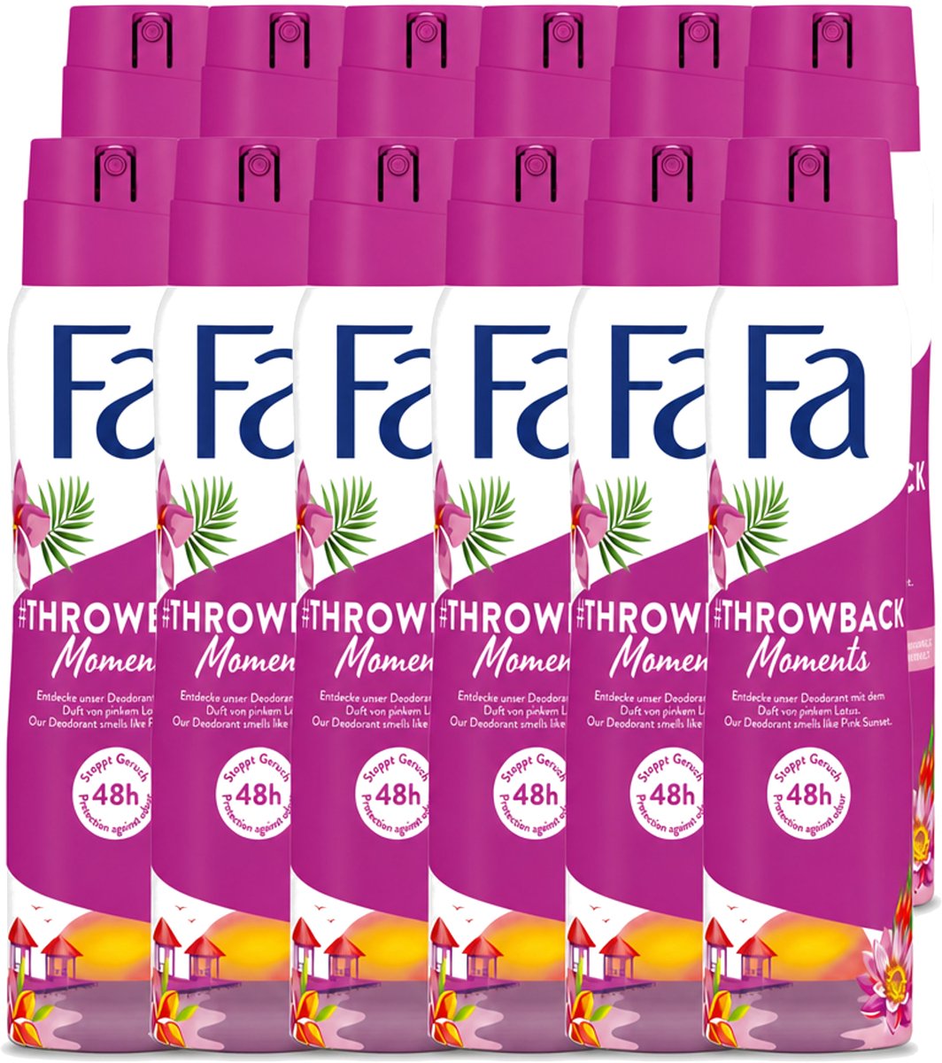 12 x Fa - Deodorant Spray - Throwback Moments - Roze Lotus - 48 uur Bescherming - 150 ml - Voordeelverpakking - 12 stuks