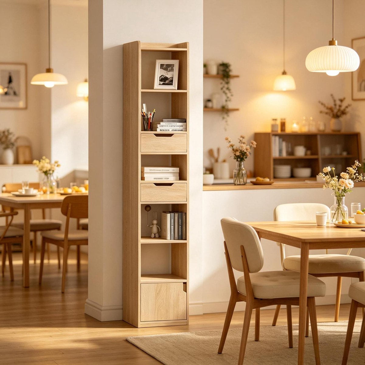 DESMIU Boekenkast - 33 x 181 x 24 cm - 6 Open Vakken, 2 Lades - Hout - Licht Eiken - met Deur en Verstelbare Legplank - voor Kleine Ruimtes