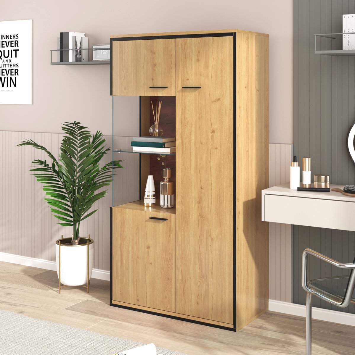 MEUNIQ vitrinekast met LED-verlichting, glazen deur en 3 verstelbare planken – 77,5 x 40 x 150 cm – naturel MDF – voor woonkamer of kantoor