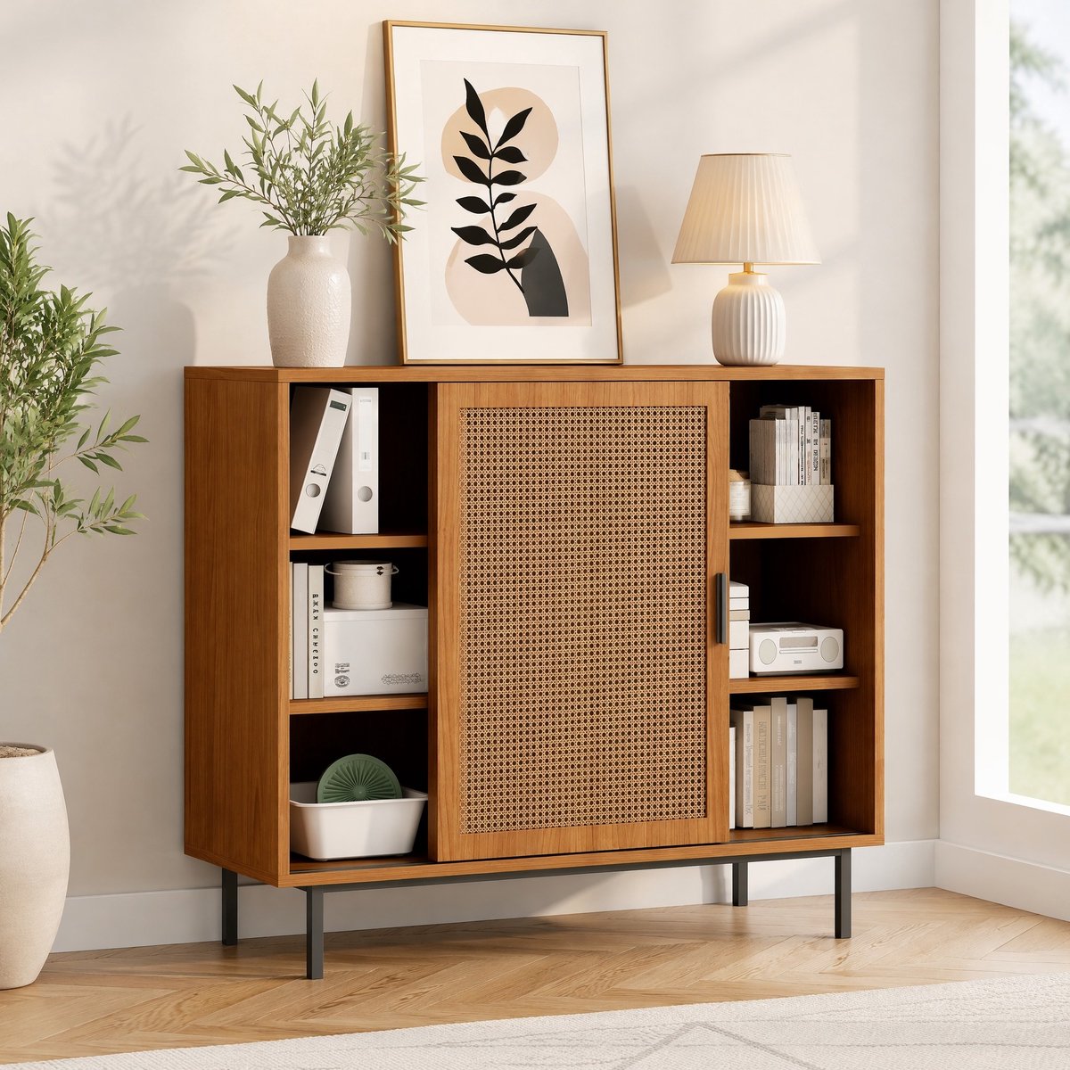 MEUNIQ Dressoir 100 x 37 x 90 cm met 2 rotan schuifdeuren en verstelbare plank, opbergkast voor woonkamer en eetkamer, walnoot