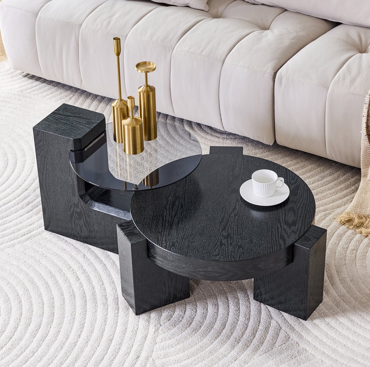MEUNIQ Ronde salontafelset van 2 Ø61 cm met grijs veiligheidsglas, MDF onderblad en L-vormige poten - deelbare koffie- en bijzettafels zwart