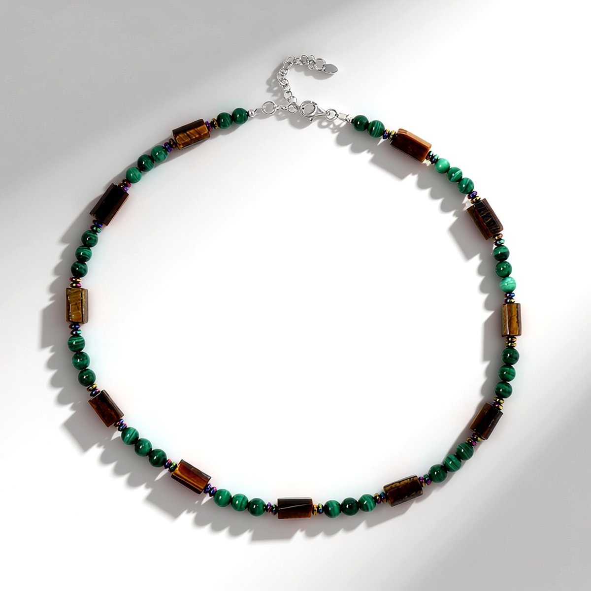 Cavill - Zilveren Halsketting 925 Sterling - Malachiet 88ct, Tijgeroog 51ct & Hematiet 16ct - Natuurlijke Edelstenen Dames Sieraad