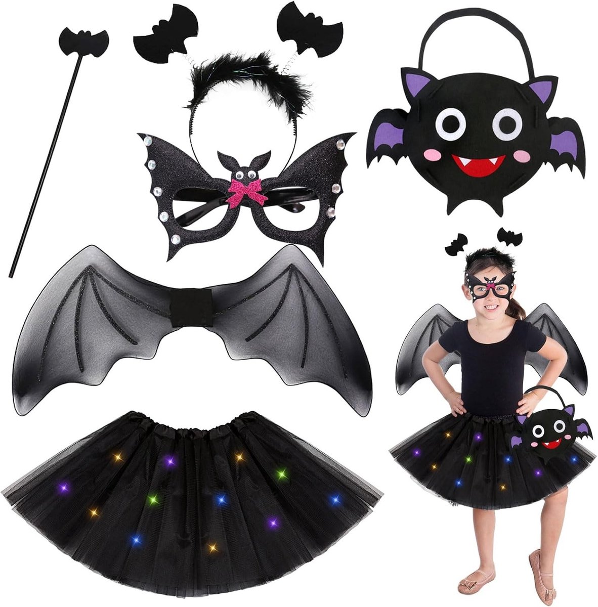 Vleermuiskostuum voor kinderen, 6 stuks, ideaal voor Halloween, carnaval en themafeesten, perfect voor meisjes en cosplay