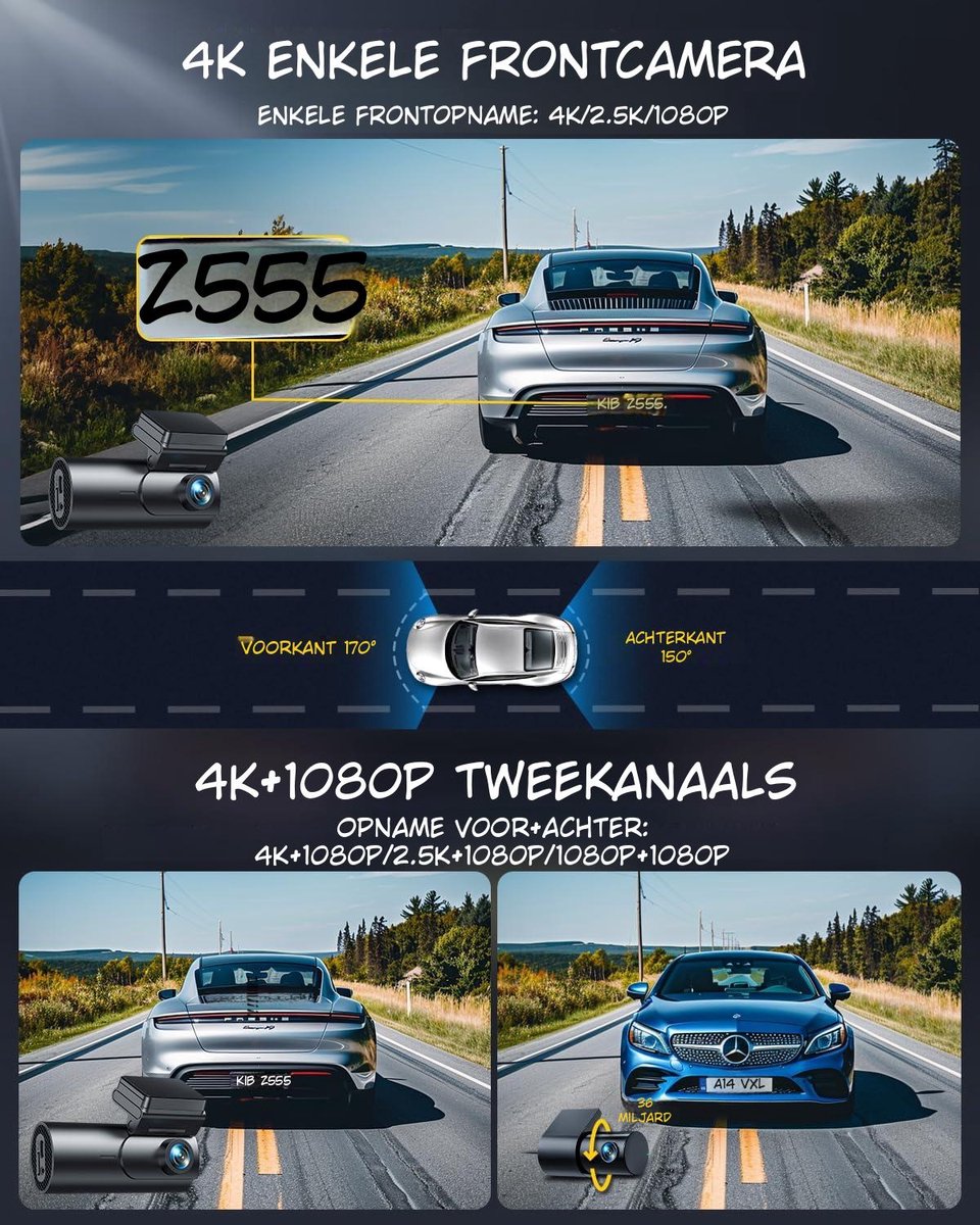 Kavora Draadloze Dashcam - Draadloos CarPlay-Scherm - Dashcam met CarPlay - Zwart - 3cm x 5cm x 10cm