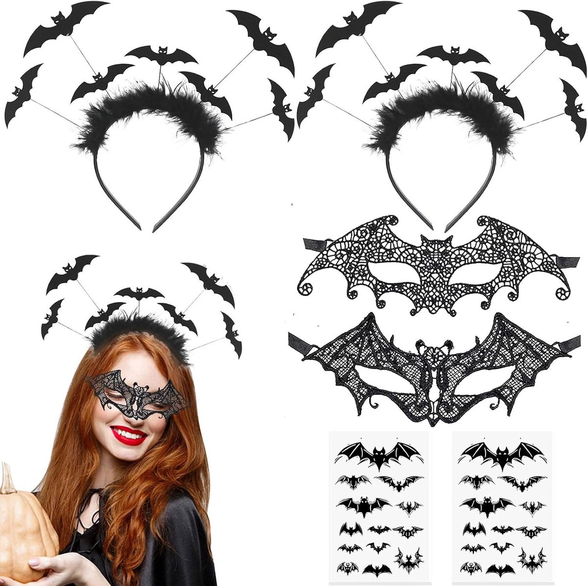 Halloween Haarband Set met Vleermuis en Vampier, Inclusief Oogmasker en Vleermuis Tattoos voor Carnaval en Kostuum Accessoires