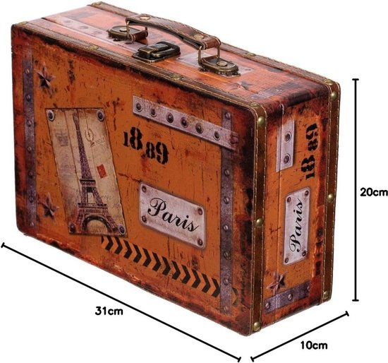SJ 15369 koffer, kofferset, houten kist met kunstleer beklede schatkist, piratenkist met metalen beslag, houten doos, met ornamenten (maat L Parijs (31 cm B x 20 cm D x 10 cm H)) — afbeelding 2