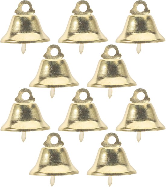 Dix clochettes dorées avec une boucle et une petite tige blanche.