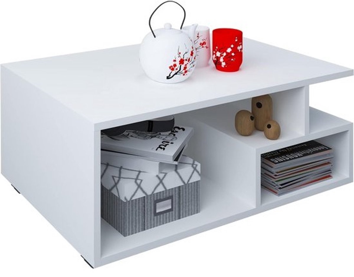 Houten hoge bijzettafel wit - salontafel met opbergvakken - oplegplank