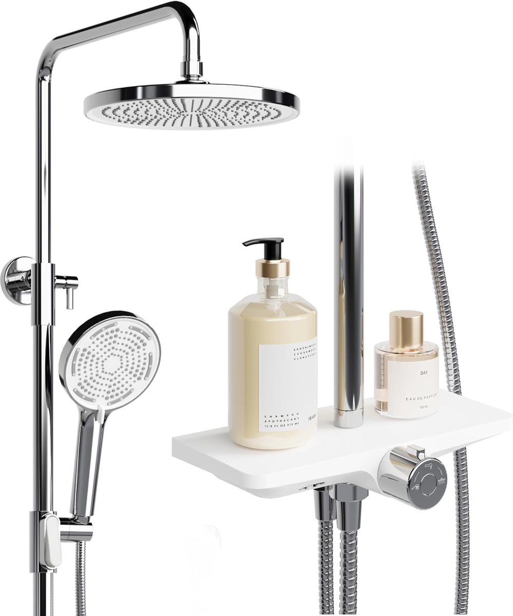 Zonder armatuur met plank, douchesysteem met douchekop, roestvrij staal, verstelbare douchezuil, douchestang, overhoofddouche, set, ronde douchekop van 25 cm, chroom