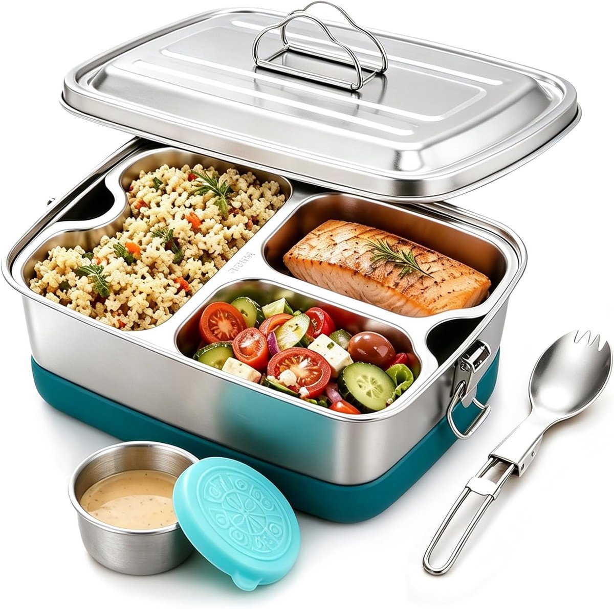 Broodtrommel van roestvrij staal, 2000 ml, roestvrij staal, broodtrommel met vakken, lunchbox voor volwassenen, dubbele verdieping, 3 vakken, bento box, roestvrij staal, lekvrij, voor school