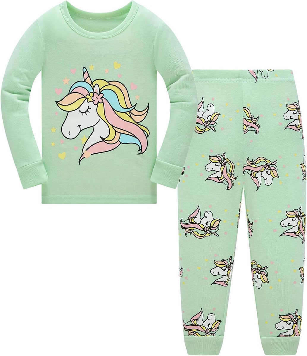Kinderpyjama voor meisjes, eenhoorn, lange mouwen, 100% katoen, nachtkleding, winter, Kerstmis, pyjamaset, maat 92-152, 1-12 jaar