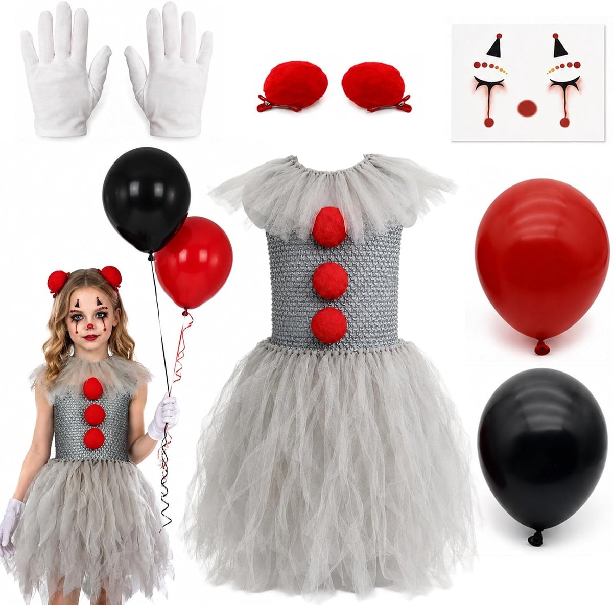 Horrorclown-kostuum voor meisjes, Halloween-horrorclownkostuum