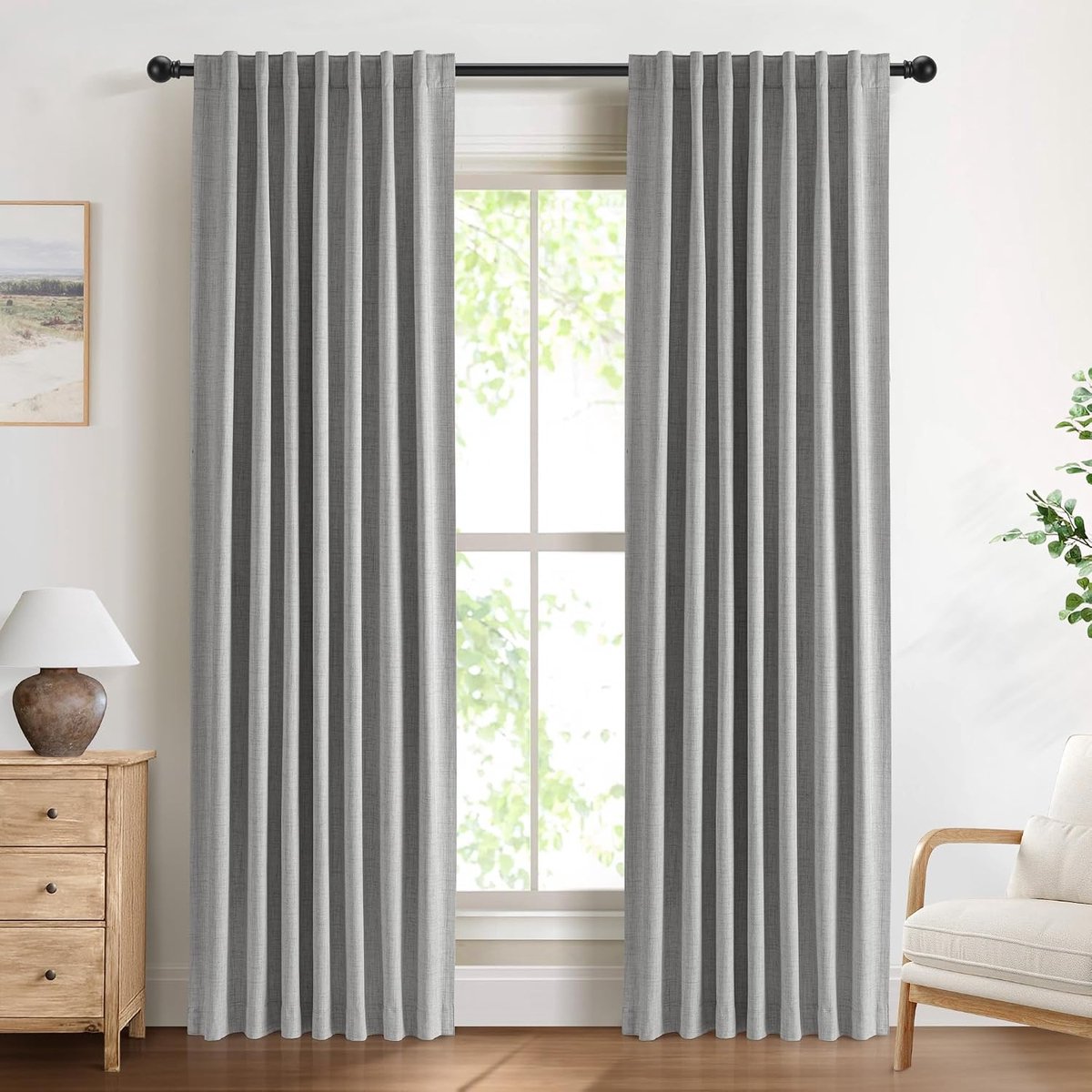100% verduisteringsgordijnen met verborgen lussen, linnen-look, set van 2 blickdichte gordijnen met stangendoortrek voor slaapkamer of woonkamer – H200 x B140 cm, grijs