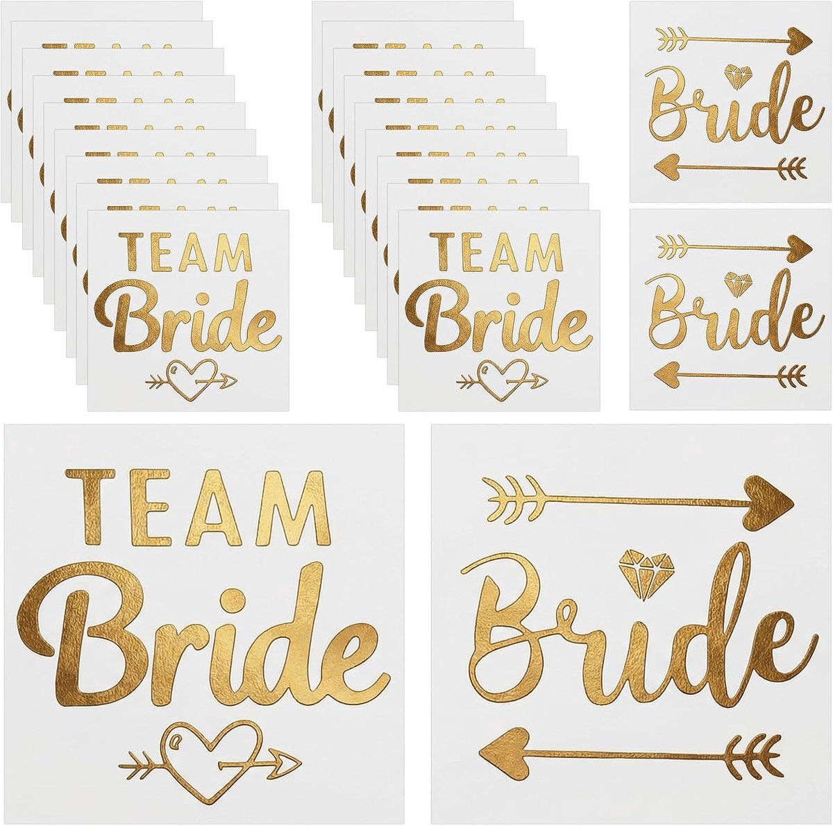 Tijdelijke Team Bride-tatoeages, gouden Team Bride-tatoeages voor vrijgezellenfeesten, met 2 bruiden + 18 Team Brides, voor decoratie en accessoires voor een vrijgezellenfeest.