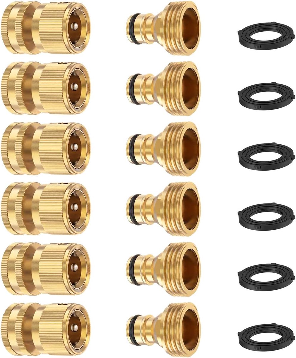 Tuinslang snelkoppeling, massief messing 3/4 inch schroefdraadfitting zonder lek waterslang, vrouwelijk en mannelijk, eenvoudig aan te sluiten (6 sets)