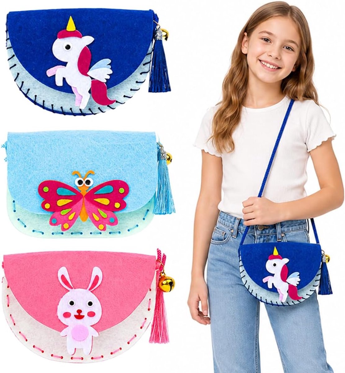 3 Kit Cucito Bambini, Borsette Di Feltro A Forma Di Animali (Unicorno, Coniglio, Farfalla), Perfetti Per Avviare I Bambini Al Cucito, Regalo Creativo