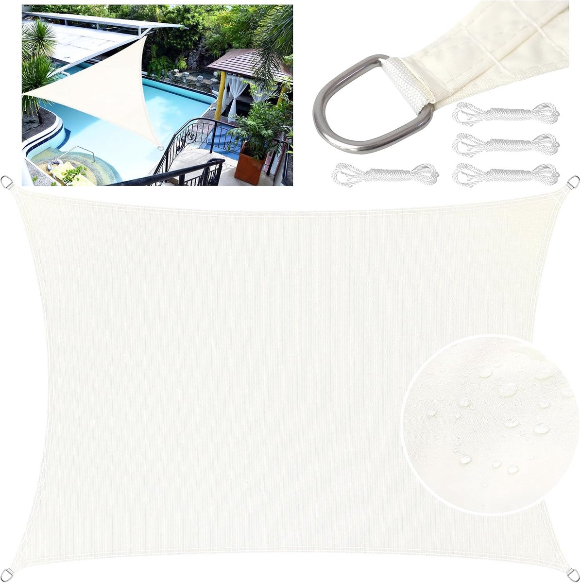 Zonnezeil (driehoekig/rechthoekig), polyester zonnezeil, waterdicht, uv-zonwering, balkon, luifelstof, zeildoek met bevestigingskoord voor tuin, terras (wit, 2 x 3 m)