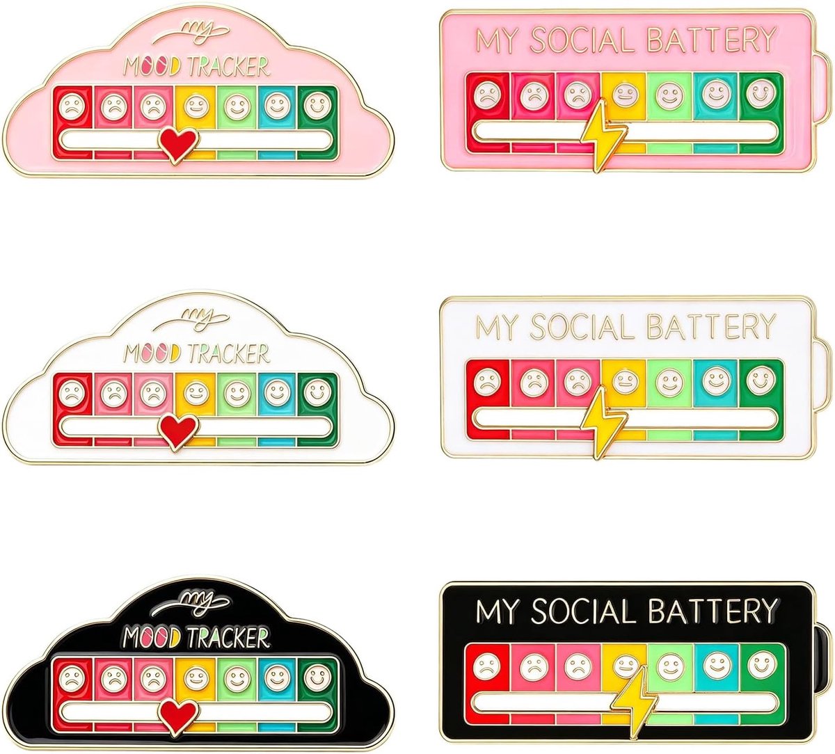 Broches, roze, wit, zwart, hart en wolk, sociale batterijpin, pinnen, sociale batterij, emaille voor tas, jas, kantoor en cadeau, expressie van humor