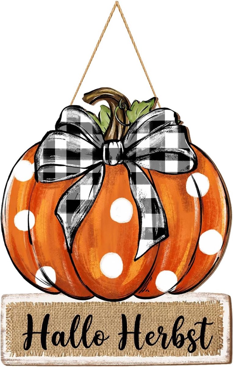 Houten deurhanger, Hello Herfst, pompoen, 26 x 22 cm, herfstdecoratie voor voordeur, raam, muur, decoratief deurbord van hout met strik, Thanksgiving pompoenhanger voor entree