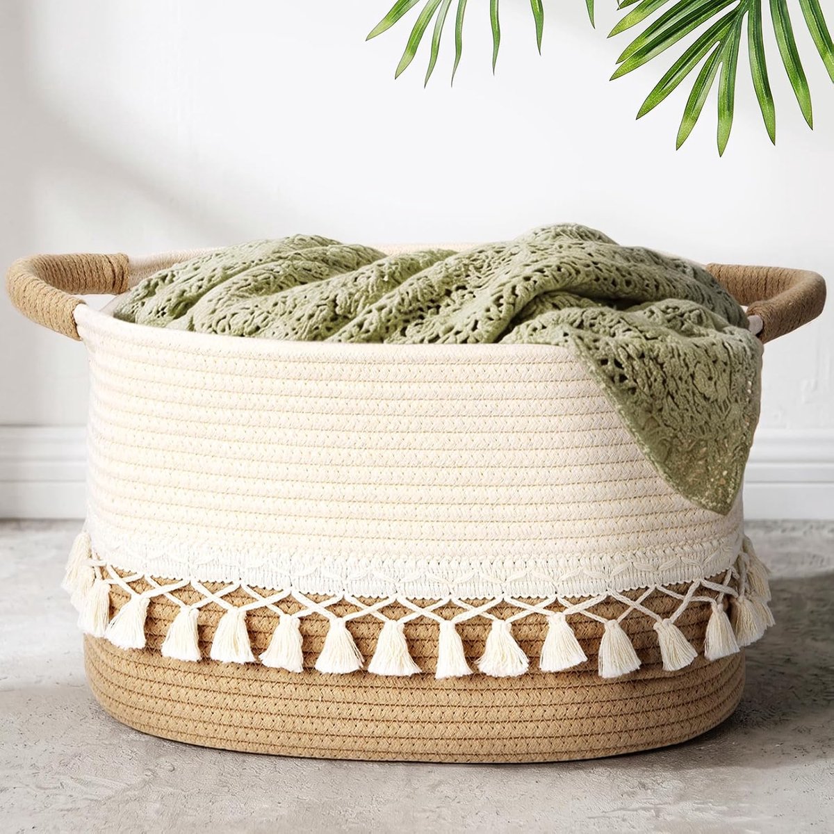 Kleine Opslagmanden met Kwastjes, Wasmand voor Speelgoed voor Slaapkamer, Woonkamer, Baby Kamer, Rechthoekige Katoenen Geweven Mand voor Speelgoed, Dekens, Vuil Wasgoed, 38x26x22 cm