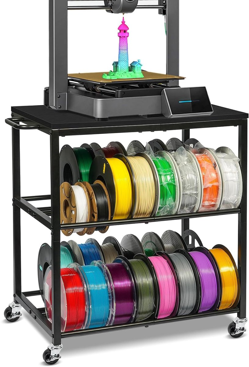 Ikkle 3D-printerfilament, opbergrek met wielen, zware metalen spoelhouder, 3D-printeraccessoires, organizer voor PLA/ABS/TPU/nylon, voor 3D-printstation, kantoor en werkplaats