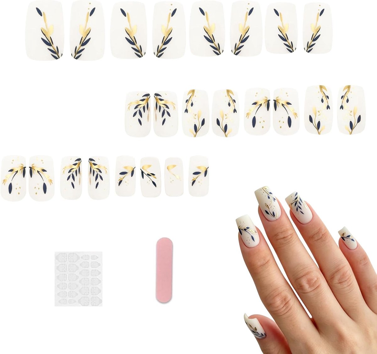 24 stuks gouden en blauwe bladeren, press-on nagels, middellang, creatieve nepnagels, kunstnagels, herbruikbare kunstnagels om op te plakken, voor vrouwen