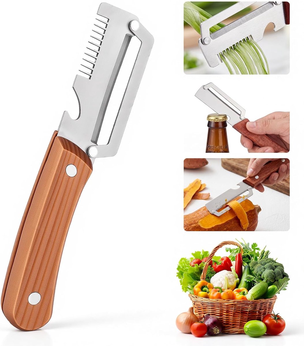 Groenteschiller – 3-in-1 dunschiller met juliennesnijder en flesopener, roestvrijstalen lemmet en houten handvat, aardappelschiller voor fruit, groenten, keuken en camping