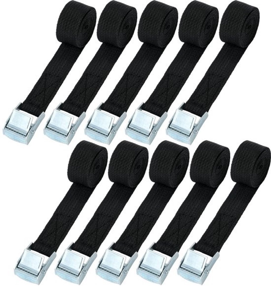 Spanbanden met klemgesp - 150 kg draagvermogen - Voor transport, vracht, bagage, camping - Zwart, 20 mm breed, 1 meter lang, 10 stuks