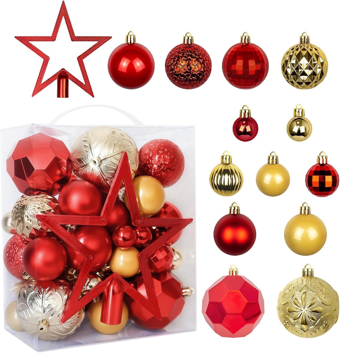 Kerstballenset met hanger, kunststof kerstballen met boompiek, onbreekbaar, kerstdecoratie, kerstboomdecoratieset voor Kerstmis, rood goud